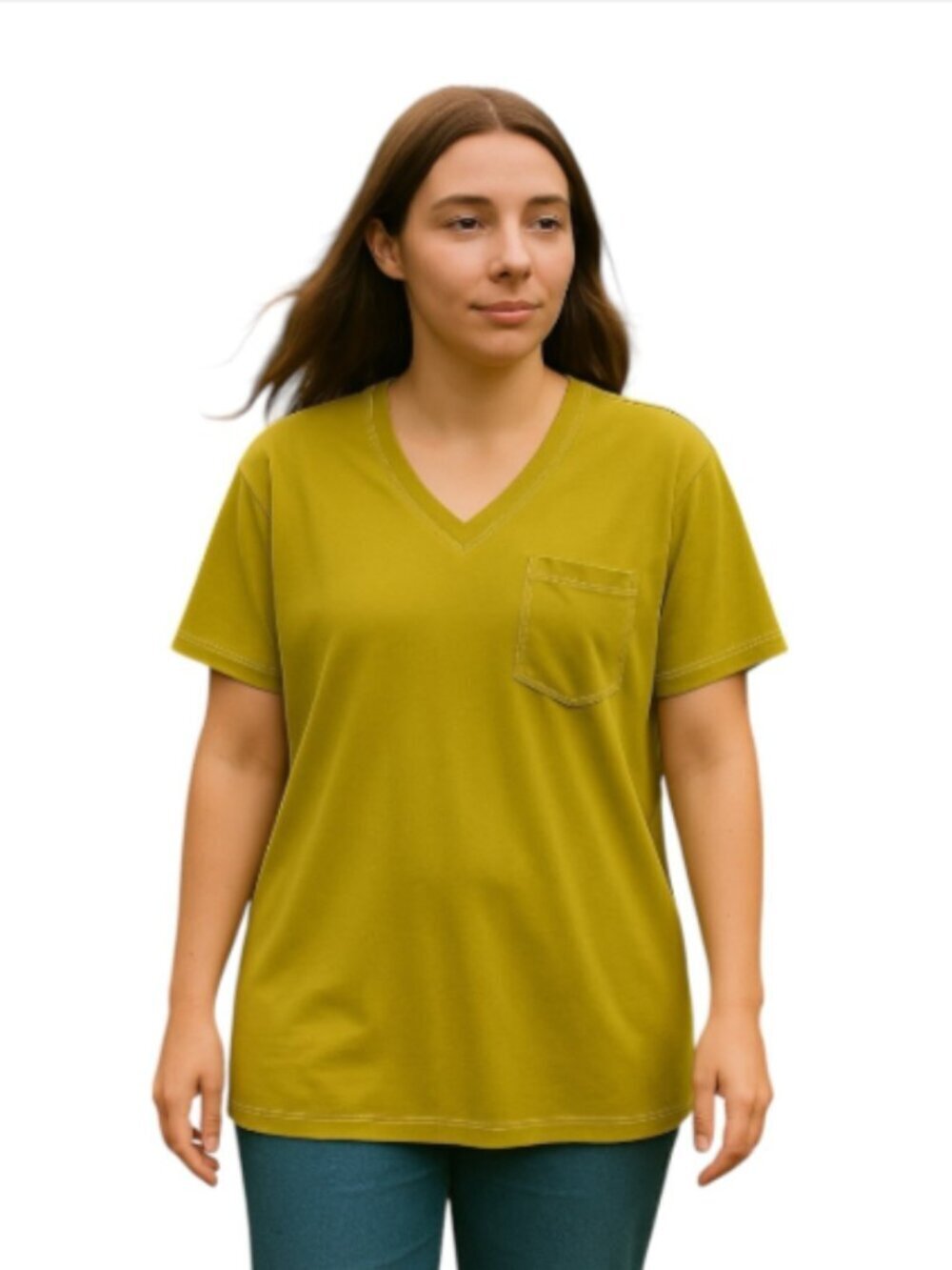 NEW POL Oversized Small Green T-Shirt V-Neck Pocket Relaxed Fit Silky Comfy